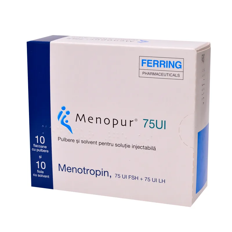 Menopur 75UI solutie injectabila, 10 flacoane cu pulbere+10 fiole cu solvent, Ferring