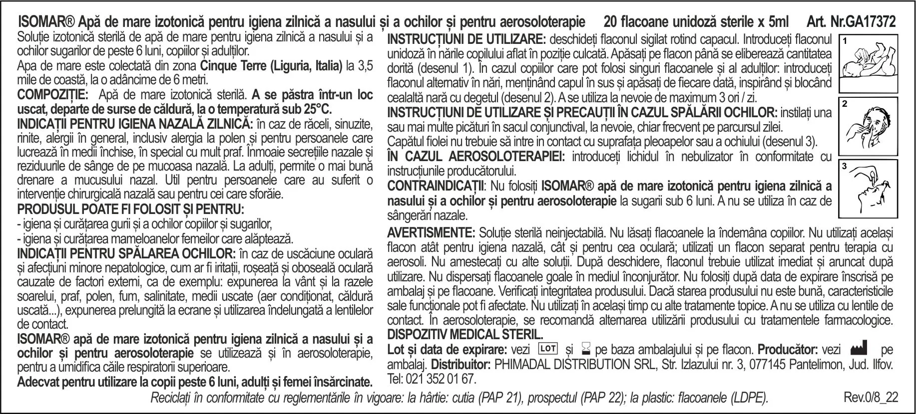 Picaturi pentru nas si ochi cu apa de mare izotonica 6+, 20 monodoze x 5ml, Isomar