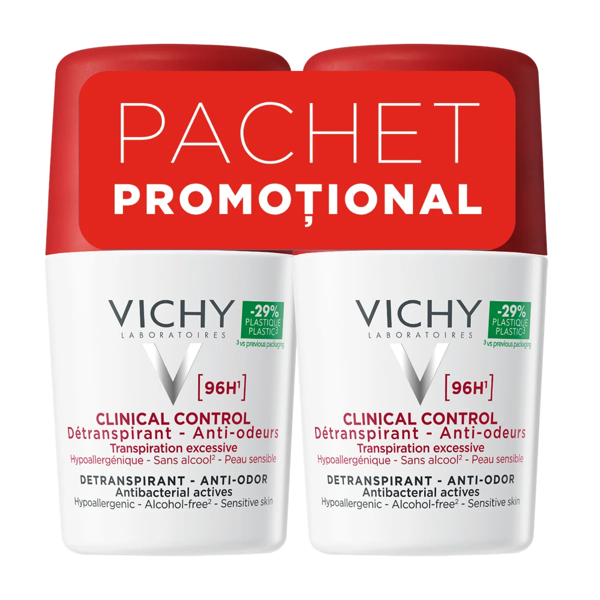 Pachet Deodorant roll-on Clinical Control 96H Antitranspirant, 2 x 50ml, Vichy