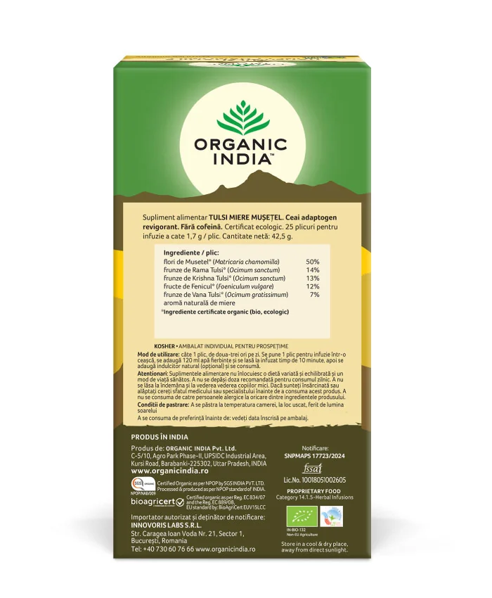 Ceai Tulsi miere si musetel, 25 plicuri, Organic India