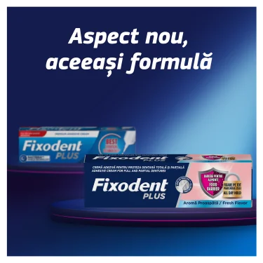 Doua cutii de Fixodent Complete, crema adeziva pentru proteze dentare, pe un fundal albastru cu sloganul "Aspect nou, aceeasi formula". Doua cutii de Fixodent Complete, crema adeziva pentru proteze dentare, pe un fundal albastru cu sloganul "Aspect nou, aceeasi formula".