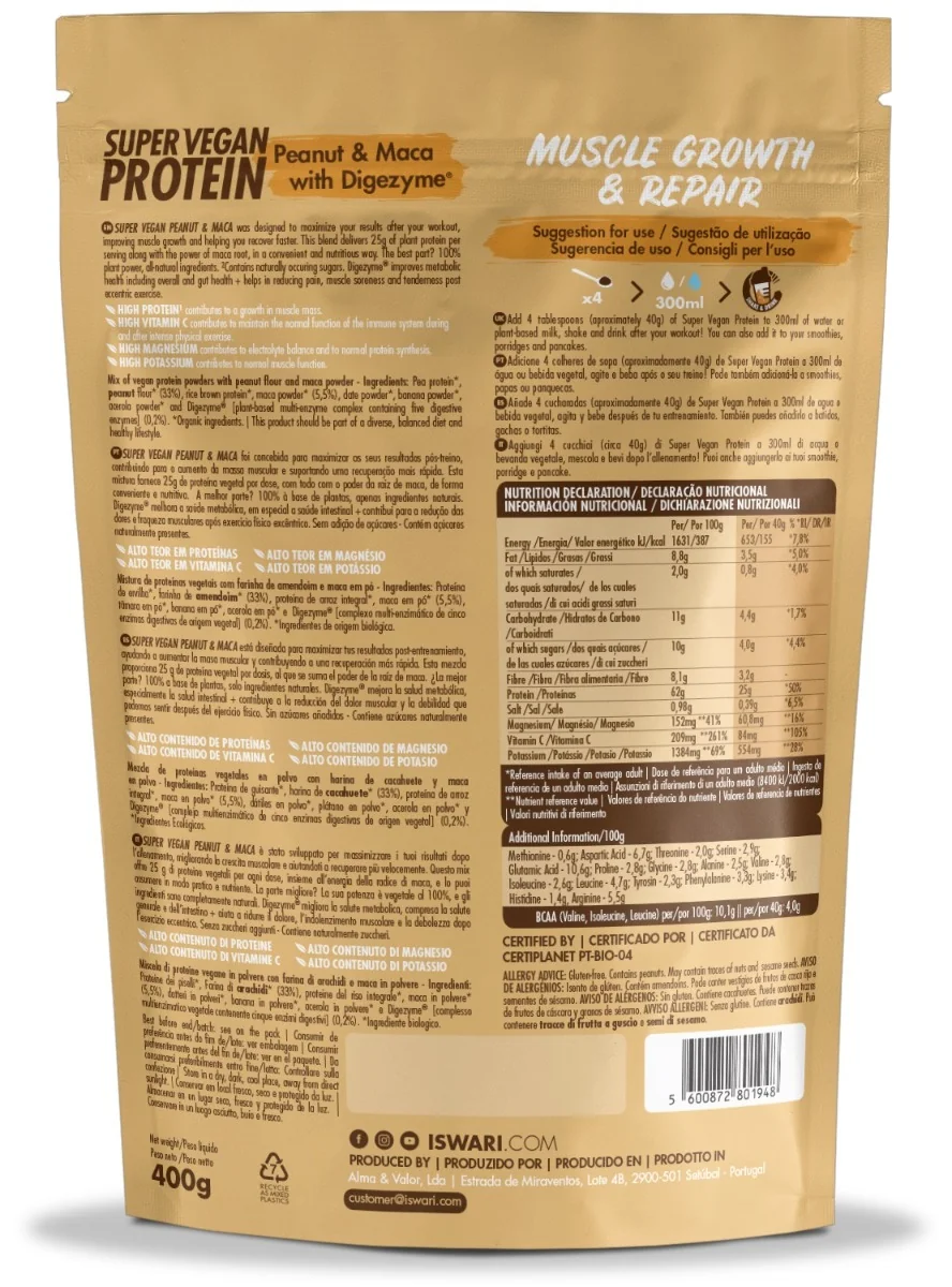 Proteina Super Vegana bio arahide si maca, 400g, Iswari