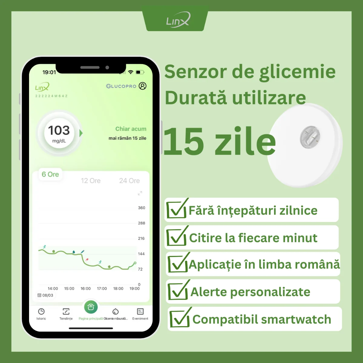 Senzor de monitorizare continua a glicemiei, 1 bucata, Linx