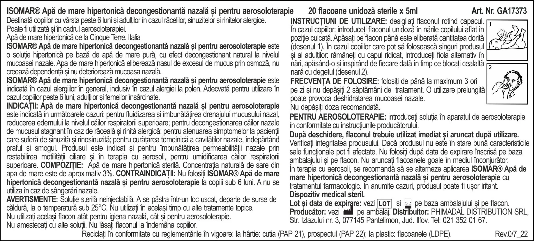Picaturi pentru nas cu efect decongestionant cu apa de mare hipertonica 6+, 20 fiole x 5ml, Isomar