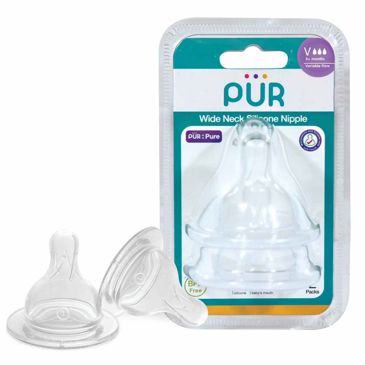 Set tetine silicon pentru biberon cu gura larga marime V +3 luni, 2 bucati, PUR