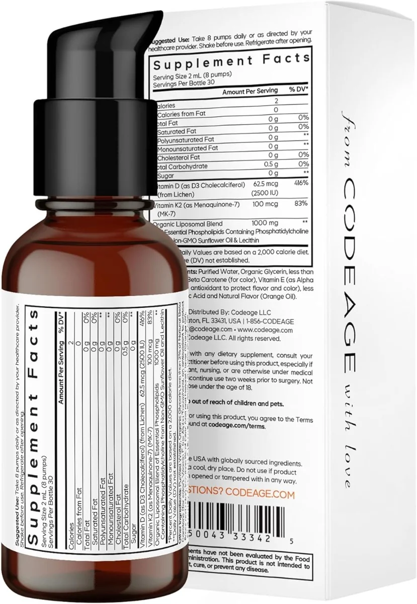 Vitamina D3+K2 Lipozomala cu aroma de portocala CodeAge, 59.2ml, GNC