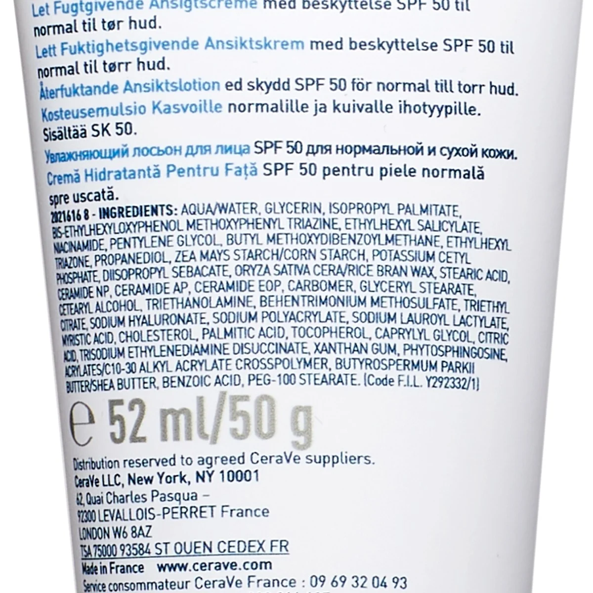 Crema hidratanta pentru ten normal-uscat cu SPF50, 52ml, CeraVe