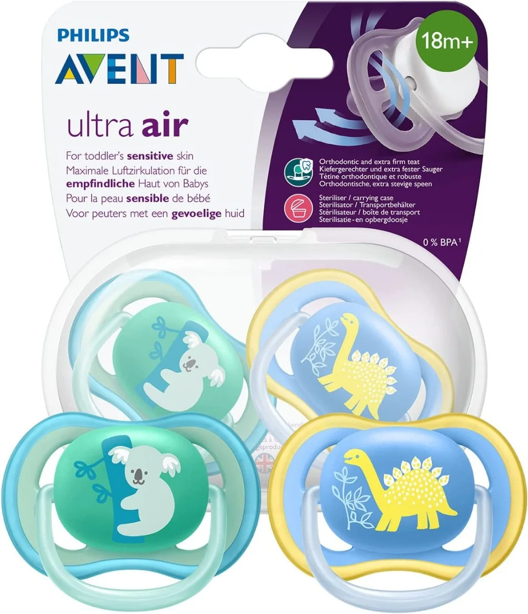 Set suzete Ultra Air Deco Zoo pentru baieti 18 luni + SCF349/14, 2 bucati, Philips Avent