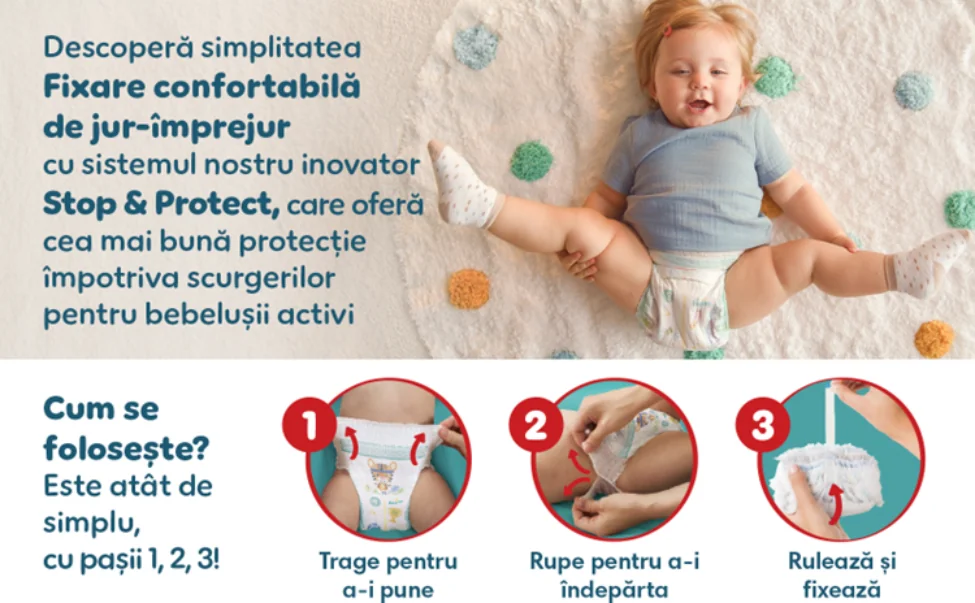 Pampers Active Baby Pants cu sistem Stop & Protect si utilizare simpla in trei pasi pentru protectie impotriva scurgerilor.