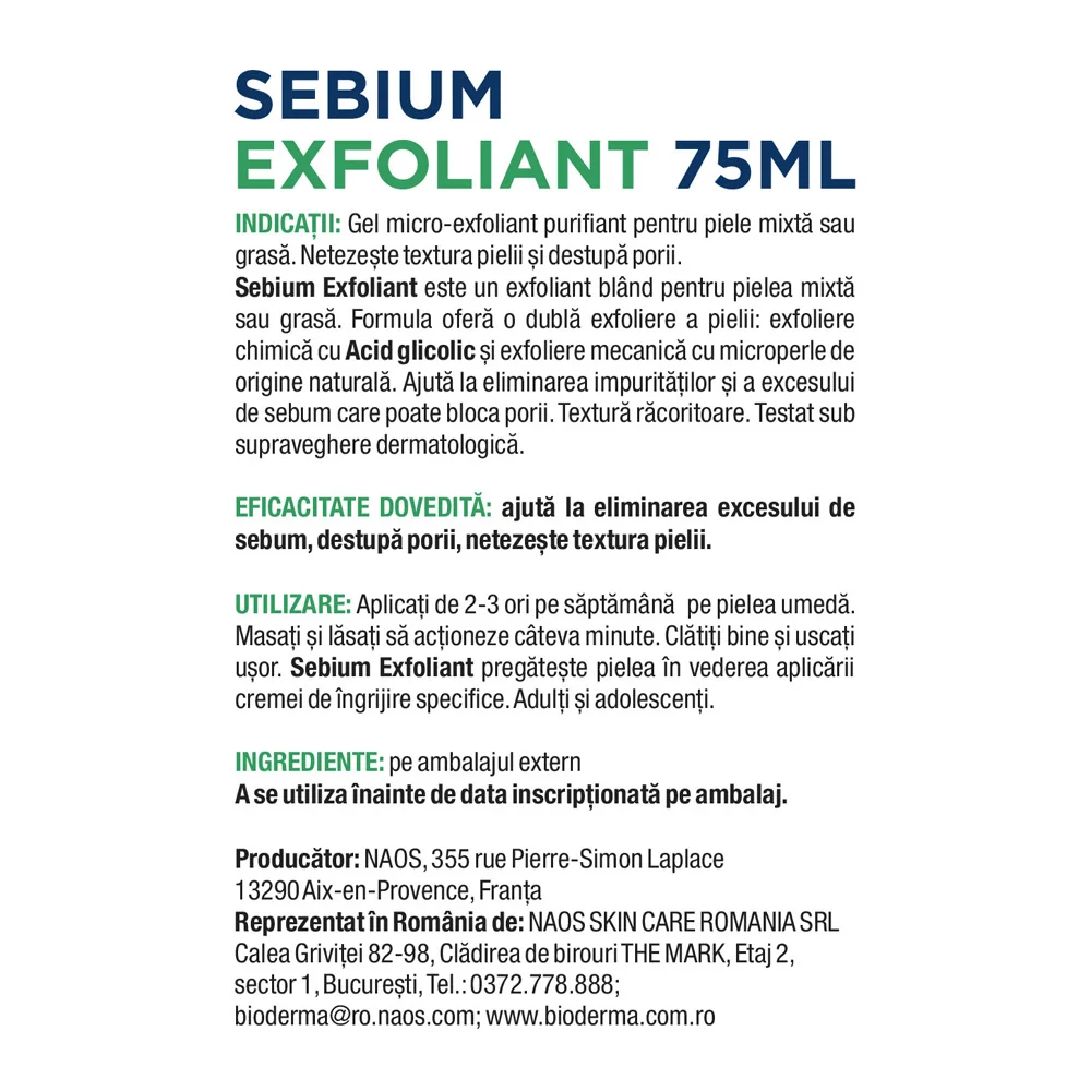 Gel exfoliant pentru curatarea tenului predispus la imperfectiuni Sebium, 75ml, Bioderma