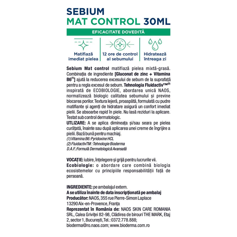 Crema cu efect matifiant Sebium Mat Control, 30ml, Bioderma