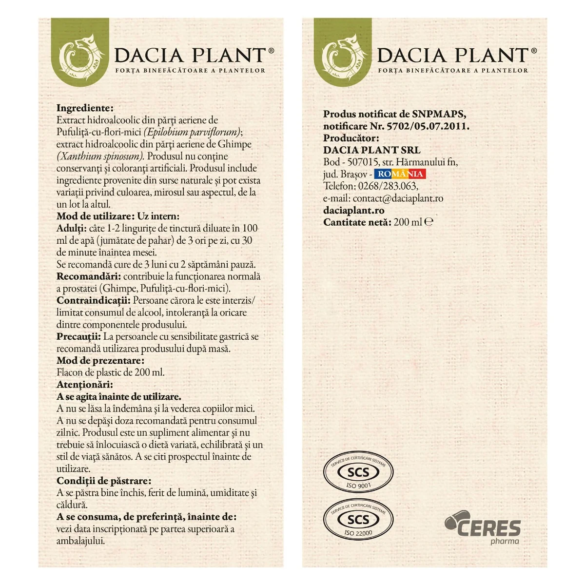 Tinctura Herboprostal, 200ml, Dacia Plant