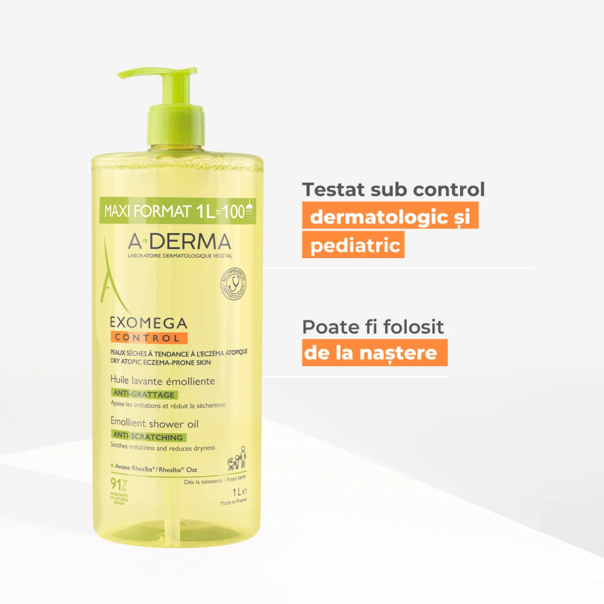 Ulei de dus emolient Exomega Control, 1000ml, A-Derma