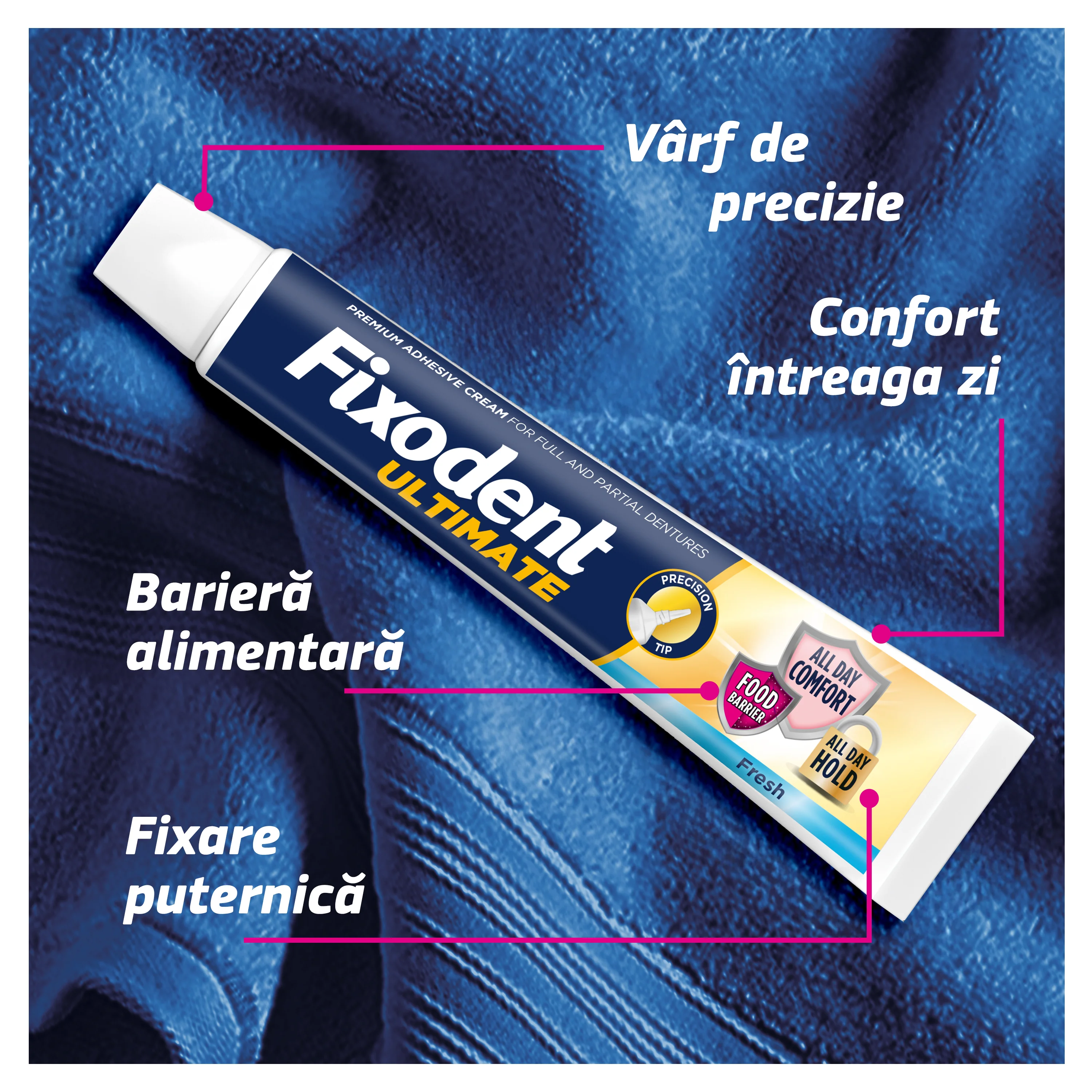 Tub de Fixodent Complete, crema adeziva pentru proteze dentare, cu fixare puternica si confort, pe un fundal albastru texturat. Tub de Fixodent Complete, crema adeziva pentru proteze dentare, cu fixare puternica si confort, pe un fundal albastru texturat.