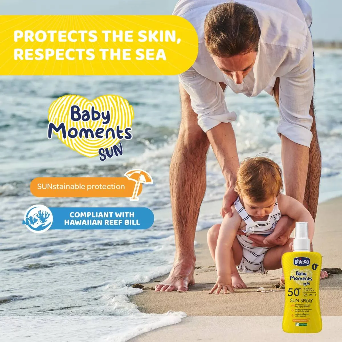 Spray protectie solara Baby Moments SPF 50+ de la 0 luni+, 150ml, Chicco