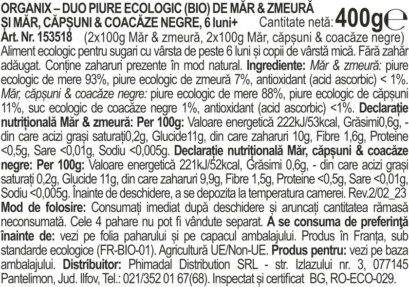 Duo Piure eco din mar cu zmeura si capsuni cu coacaze negre +6 luni, 4x100g, Organix