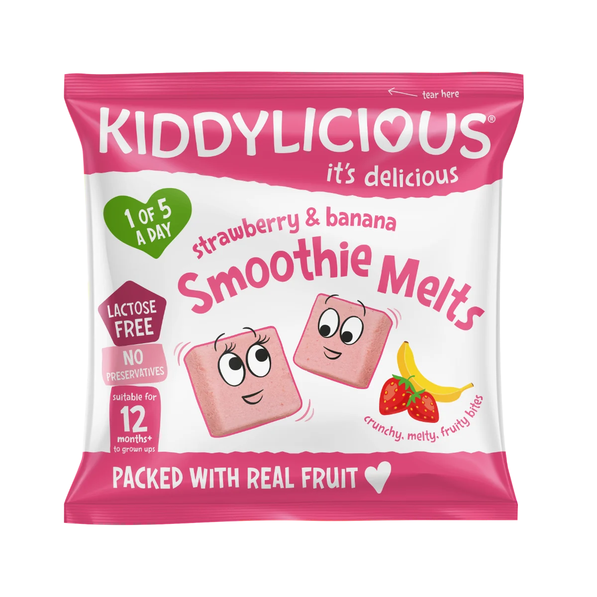 Gustare din bucati de piure de fructe cu capsuni si banane +12 luni, 6g, Kiddylicious