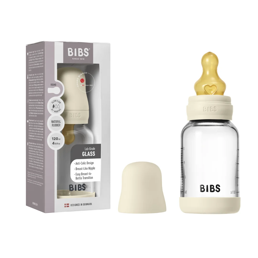 Set complet biberon din sticla anticolici cu tetina din latex flux lent Ivory, 120ml, Bibs