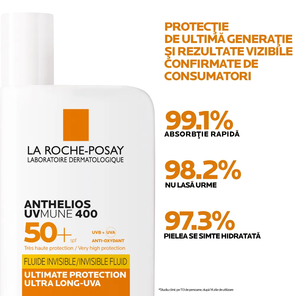 Fluid invizibil cu protectie solara SPF 50+ textura ultra-fluida pentru ten sensibil fara parfum Anthelios UV-Mune 400, 50ml, La Roche-Posay 