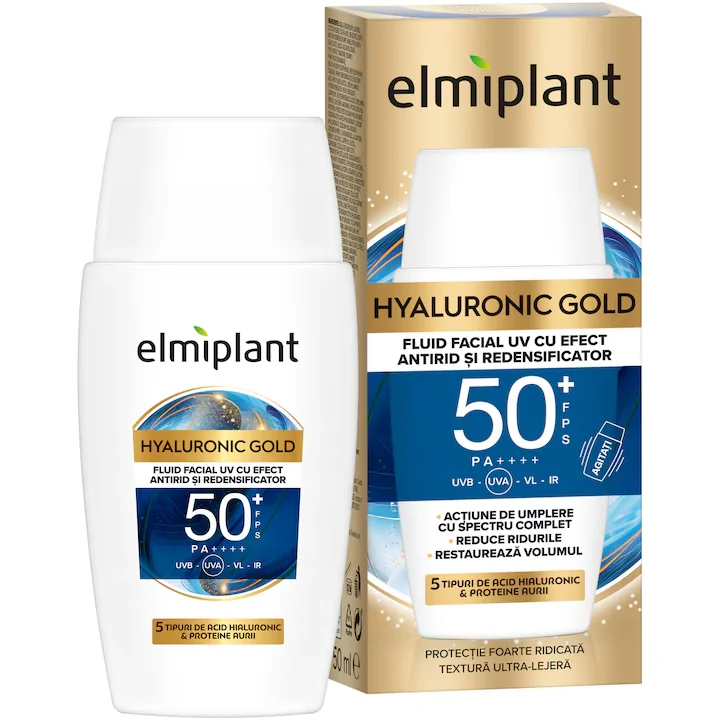 Fluid facial cu efect antirid SPF50+ Hyaluronic Gold, 50ml, Elmiplant 
