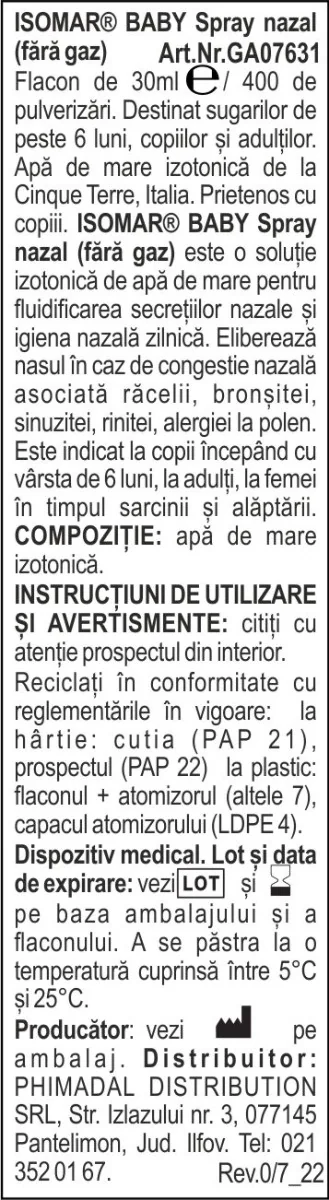 Spray nazal fara gaz cu apa de mare izotonica Baby 6+, 30ml, Isomar