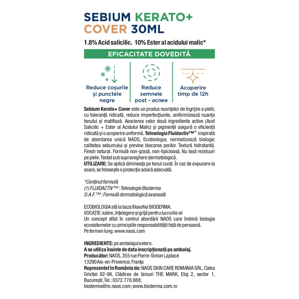 Gel crema nuantatoare anti-imperfectiuni Sebium Kerato+ Cover, 30 ml, Bioderma