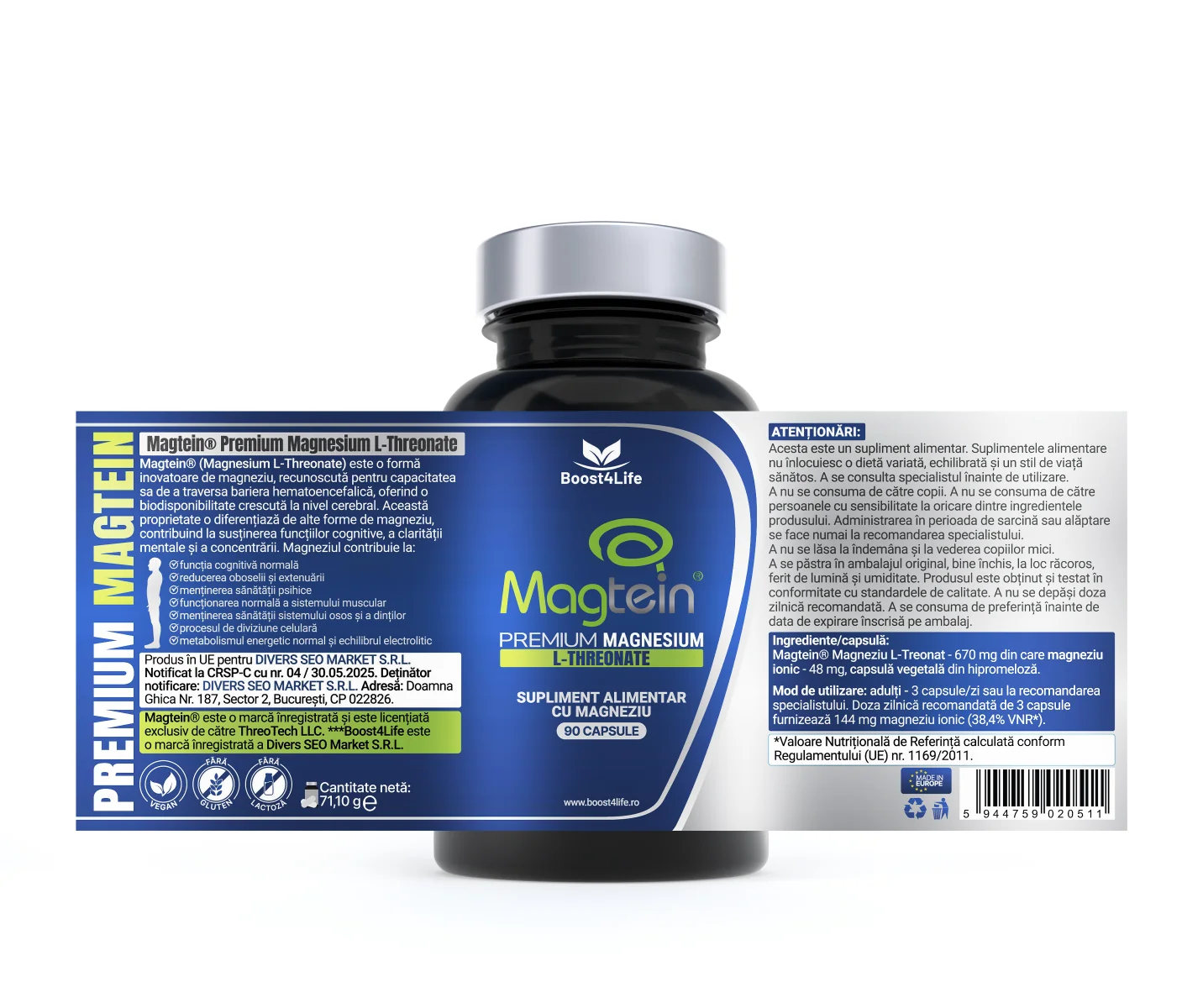 Magtein Magneziu L-Treonat Premium 670 mg, 90 capsule vegane, Boost4Life