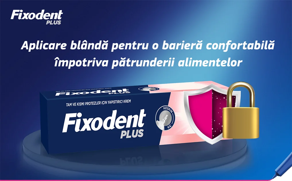 Cutie Fixodent cu un lacat pe fundal albastru. Cutie Fixodent cu un lacat pe fundal albastru.
