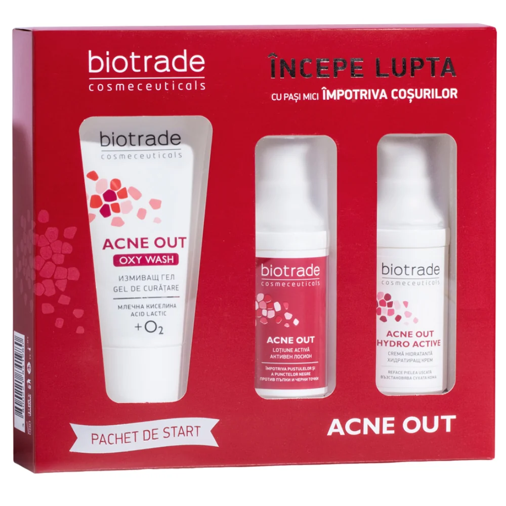 Pachet Acne Out Gel de curatare 50ml + Lotiune 20ml +Crema 20ml, Biotrade