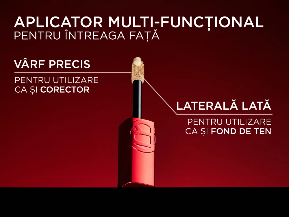 Aplicator multifunctional Skin Ink, L’Oreal Paris, cu varf precis pentru corector si laterala lata pentru aplicare ca fond de ten. Aplicator multifunctional Skin Ink, L’Oreal Paris, cu varf precis pentru corector si laterala lata pentru aplicare ca fond de ten.