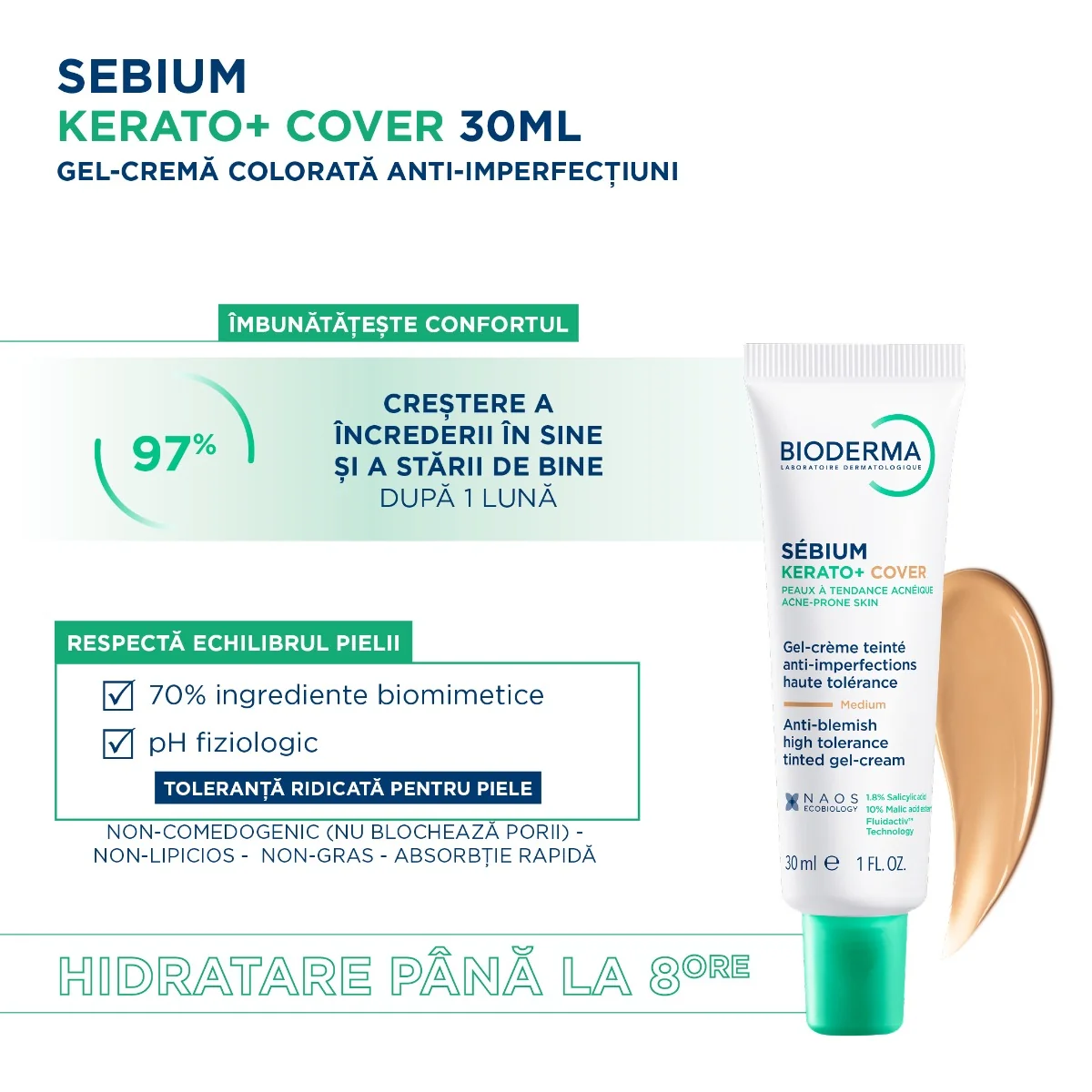 Gel crema nuantatoare anti-imperfectiuni Sebium Kerato+ Cover, 30 ml, Bioderma