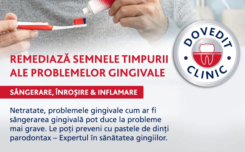 Barbat care pune pasta de dinti pe periuta cu sigla Dovedit clinic si text despre Sangerare, inrosire & inflamare care se pot preveni cu pastele de dinti Parodontax Barbat care pune pasta de dinti pe periuta cu sigla Dovedit clinic si text despre Sangerare, inrosire & inflamare care se pot preveni cu pastele de dinti Parodontax