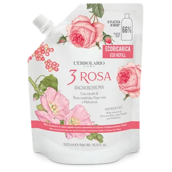 L'Erbolario 3 Rosa Eco Refill Gel de dus, 500ml