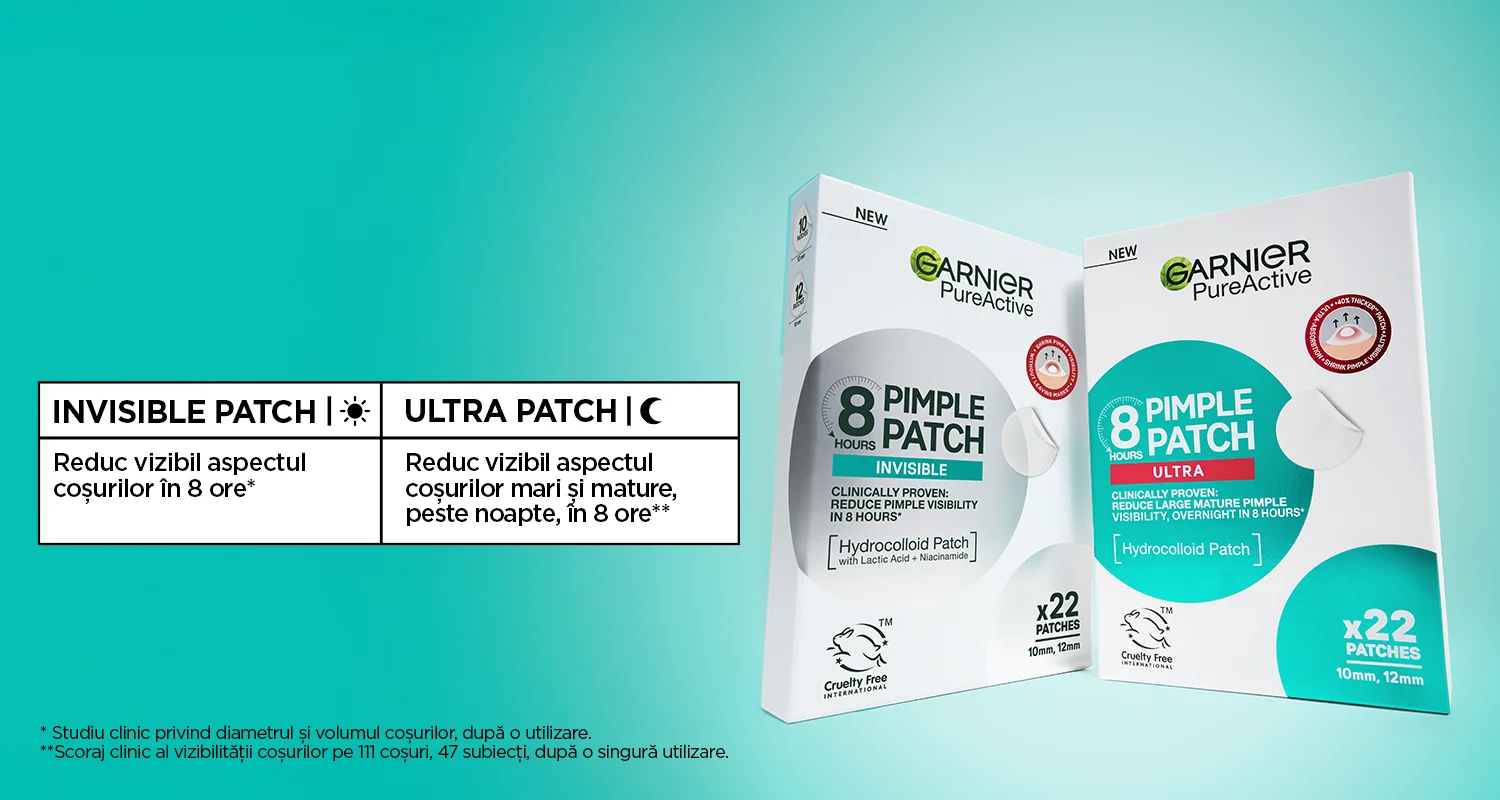 Plasturi Garnier Pure Active Pimple Patch, variante Invisible si Ultra, pentru reducerea vizibila a cosurilor. Plasturi Garnier Pure Active Pimple Patch, variante Invisible si Ultra, pentru reducerea vizibila a cosurilor.