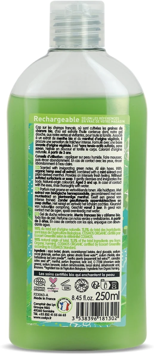 Gel de dus bio revigorant cu Menta si Canepa, 250ml, Coslys
