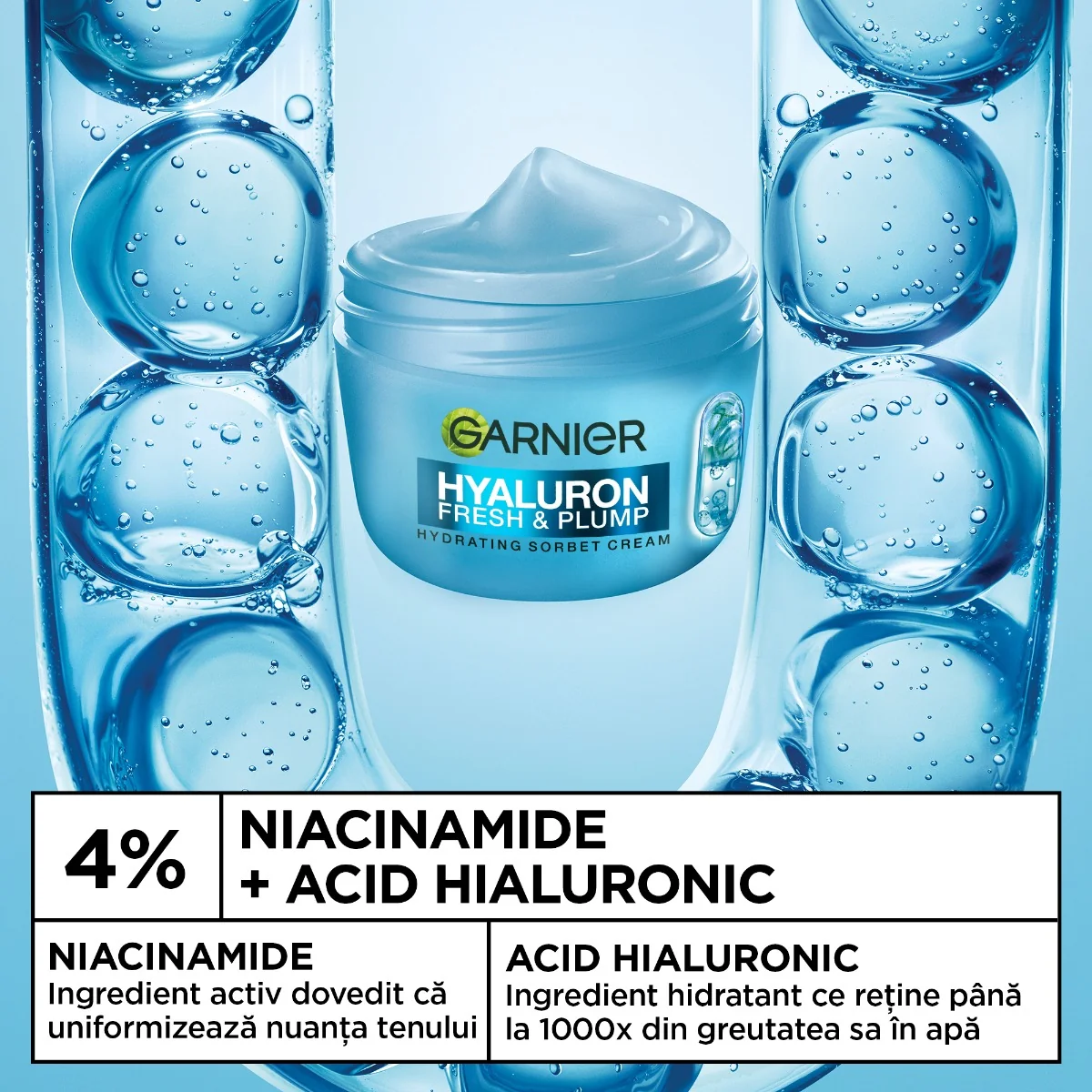 Crema-sorbet hidratanta Hyaluronic Fresh & Plump, 85ml, Garnier