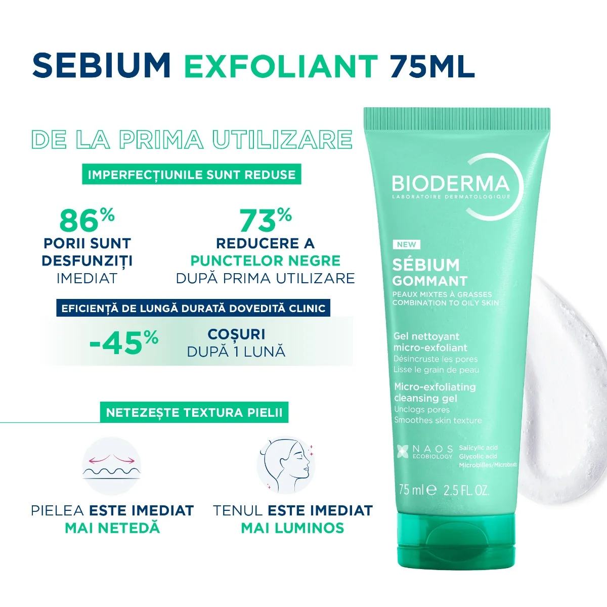 Gel exfoliant pentru curatarea tenului predispus la imperfectiuni Sebium, 75ml, Bioderma