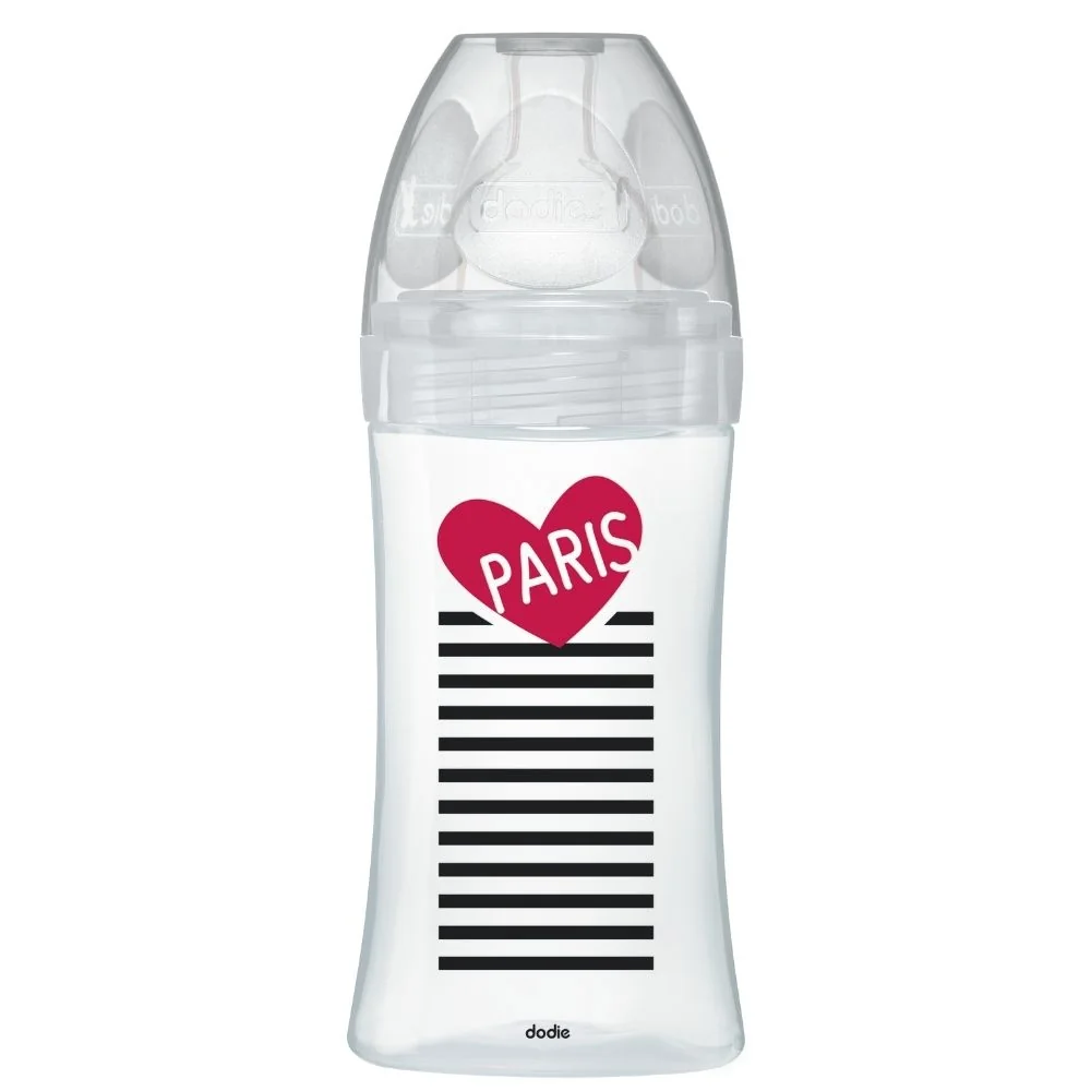 Biberon din sticla cu functie senzoriala si tetina plata anti-colici 0-6 luni Debit 2 Paris, 270ml, Dodie