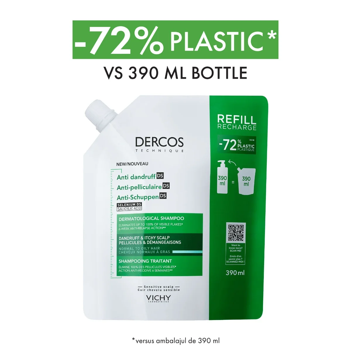 Rezerva Eco Sampon anti-matreata pentru par normal si gras Dercos, 390ml, Vichy