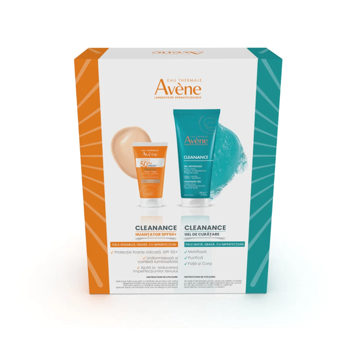 Pachet Gel de curatare pentru ten cu tendinta acneica Cleanance 200ml + Crema de fata nuantatoare cu protectie solara Cleanance Triasorb SPF50+ 50ml, Avene