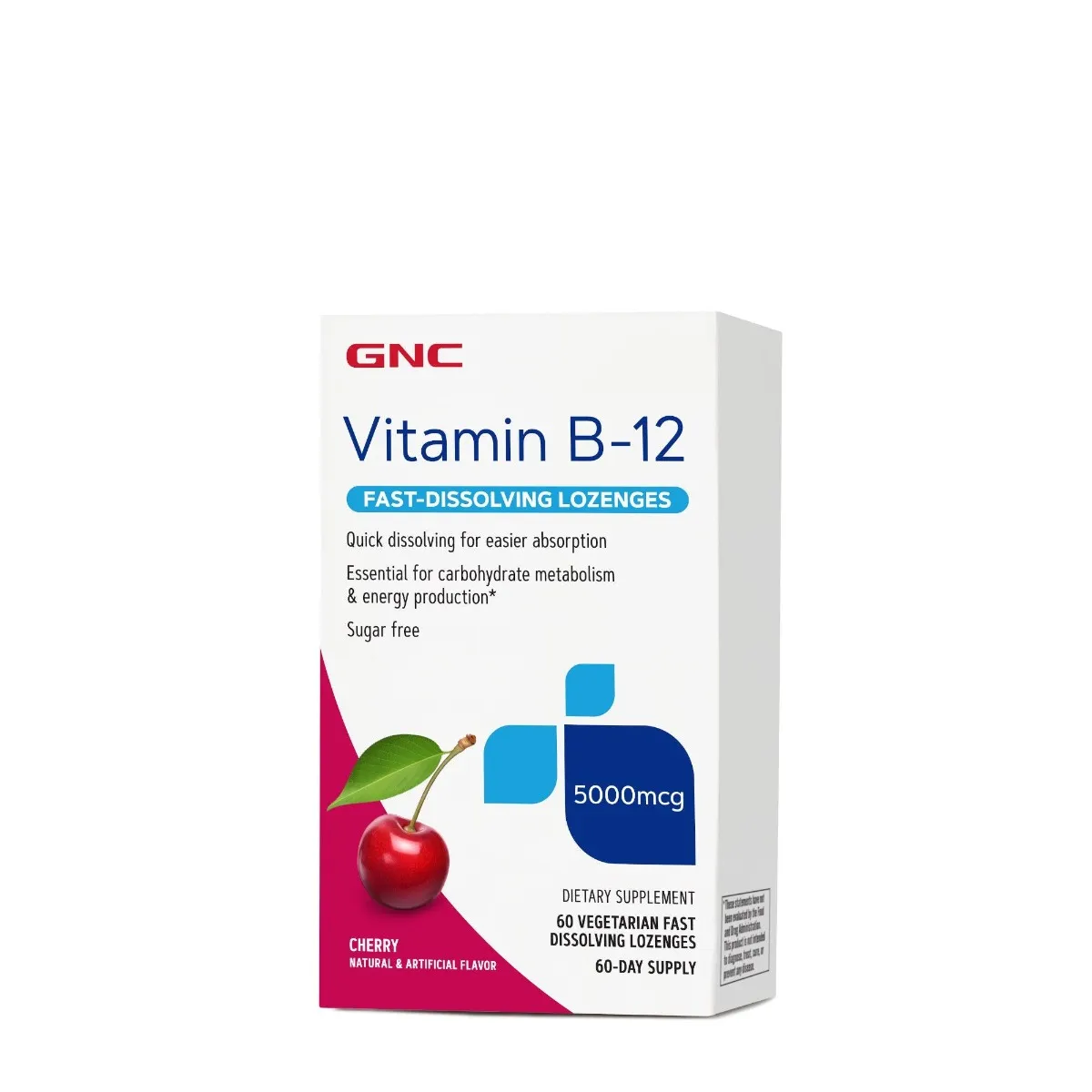 Vitamina B-12 5000mcg cu dizolvare rapida si aroma de cirese, 60 drajeuri, GNC