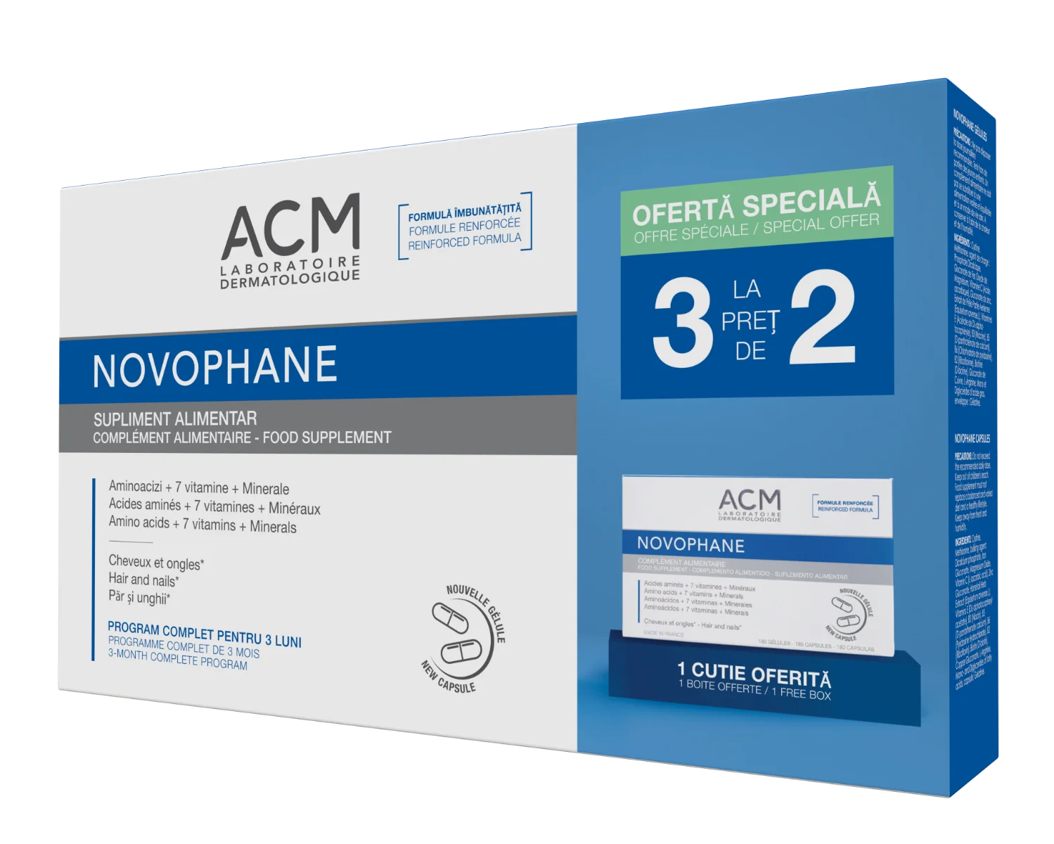 Pachet 3 la pret de 2 pentru unghii si par Novophane, 3 x 60 capsule, ACM