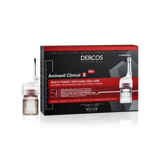 Tratament fiole impotriva caderii parului pentru barbati Aminexil Clinical 5 Dercos, 21x6 ml, Vichy 