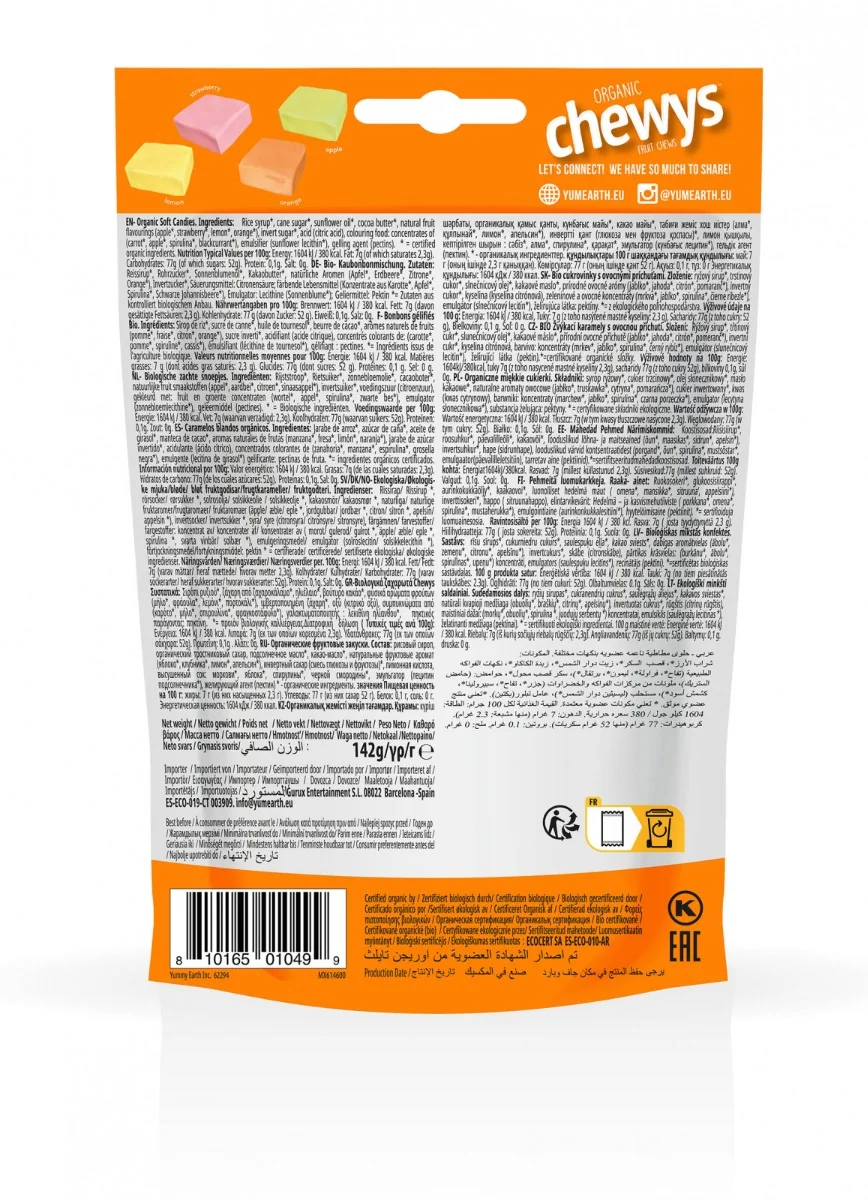 Caramele asortate bio fara gluten Chewys, 142g, Yumearth