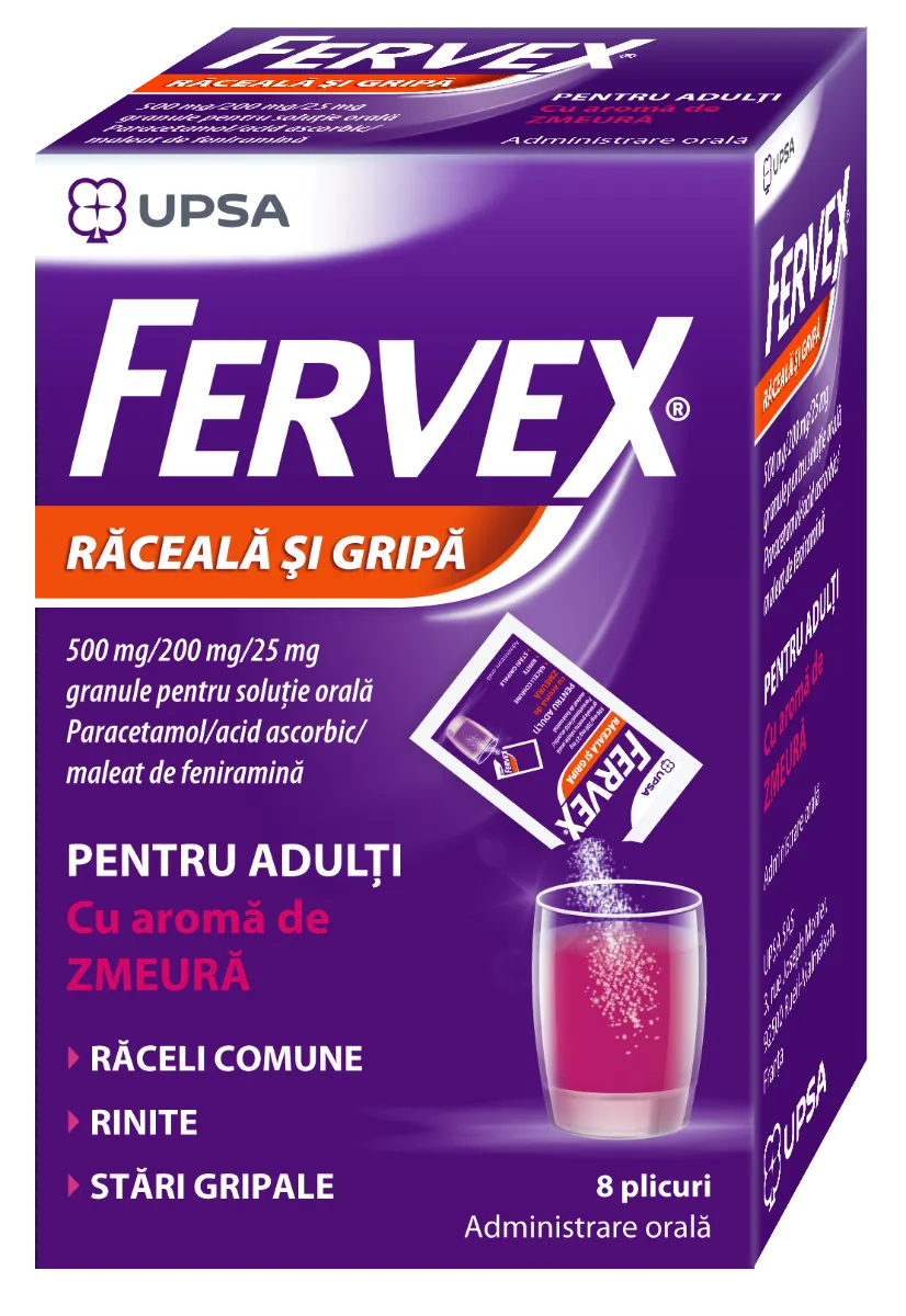 Fervex Raceala si Gripa pentru adulti cu aroma de zmeura, 8 plicuri, Upsa