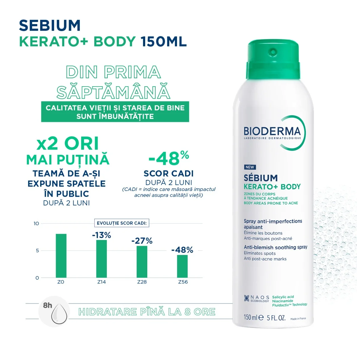 Spray de corp calmant anti-imperfectiuni Kerato+ Sebium, 150ml, Bioderma