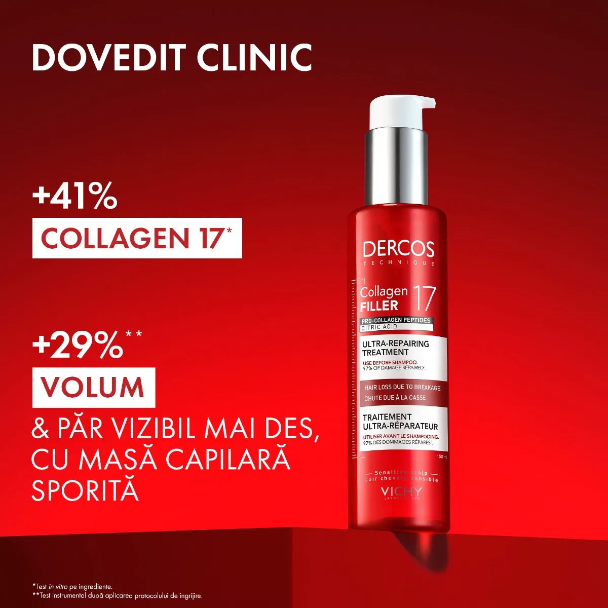 Tratament ultra-reparator cu peptide pro-colagen si acid citric Dercos Collagen 17 Filler, 150ml, Vichy