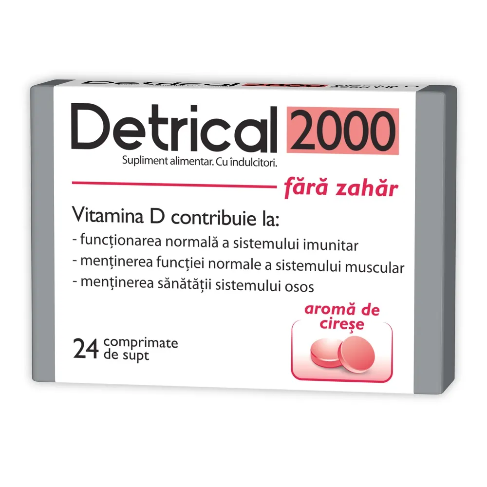 Detrical D3 2000 UI fara zahar cu aroma de cirese, 24 comprimate de supt, Zdrovit