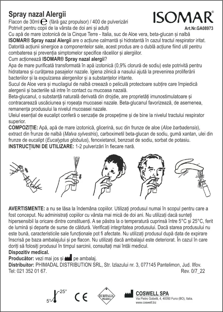 Spray nazal impotriva alergiilor Isomar 24+, 30ml, Euritalia