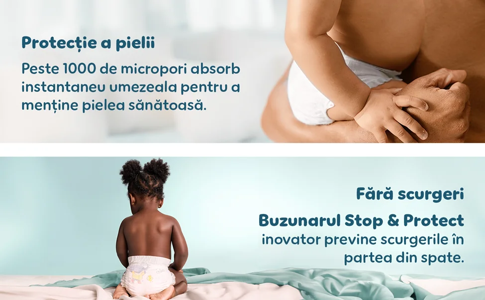 Scutece Pampers cu micropori pentru absorbtie rapida si buzunar Stop & Protect pentru prevenirea scurgerilor la spate.